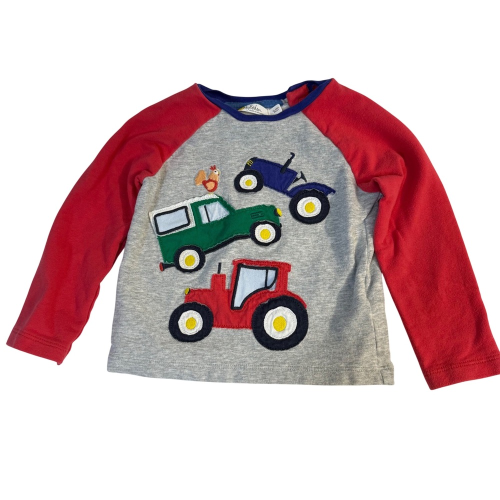 Mini Boden Boys Long Sleeve Peek Tractor Farm Barn ColorBlock Shirt 12-18 months